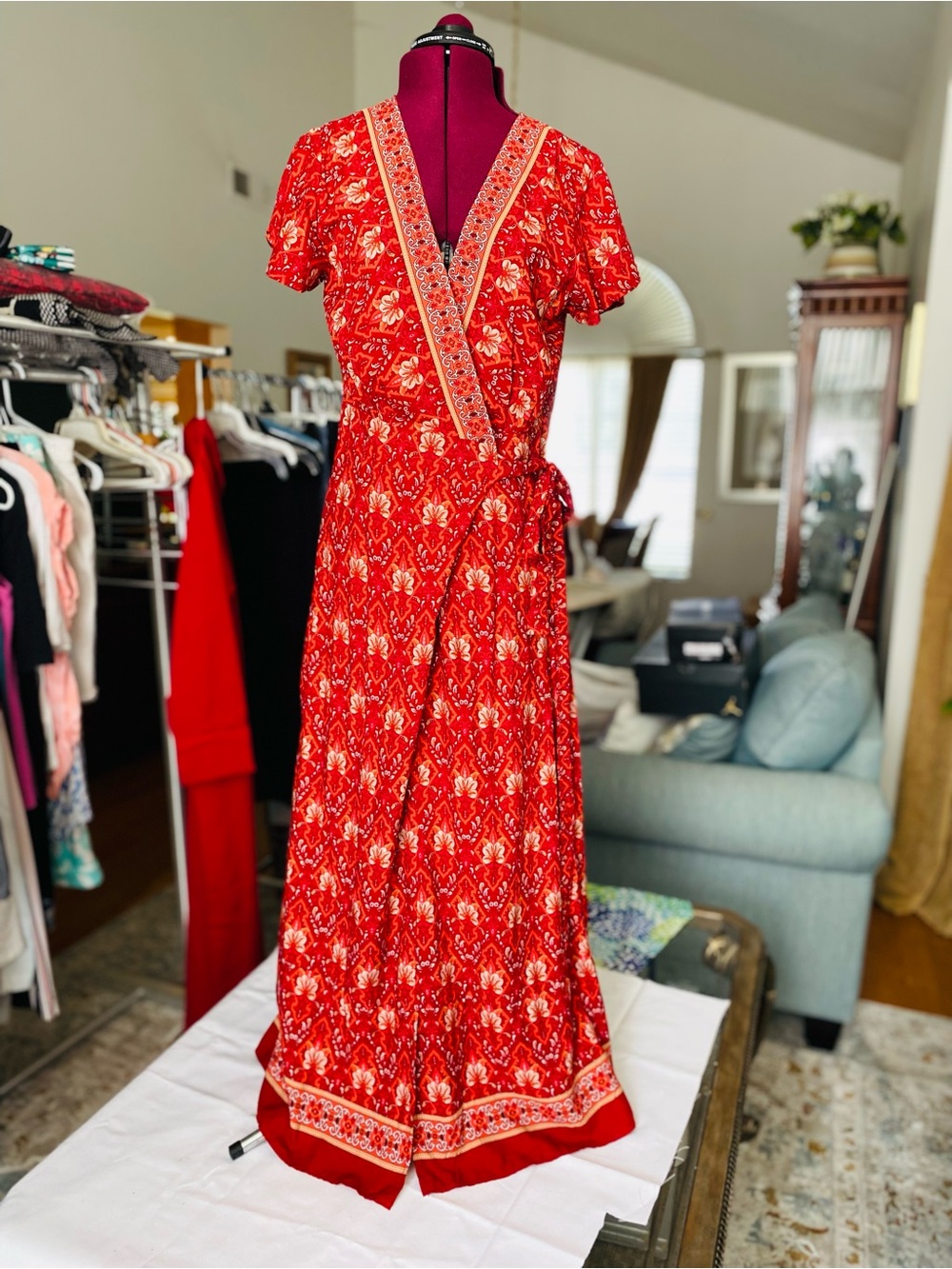 Women's Red Floral Wrap Maxi Dress with Tie Waist